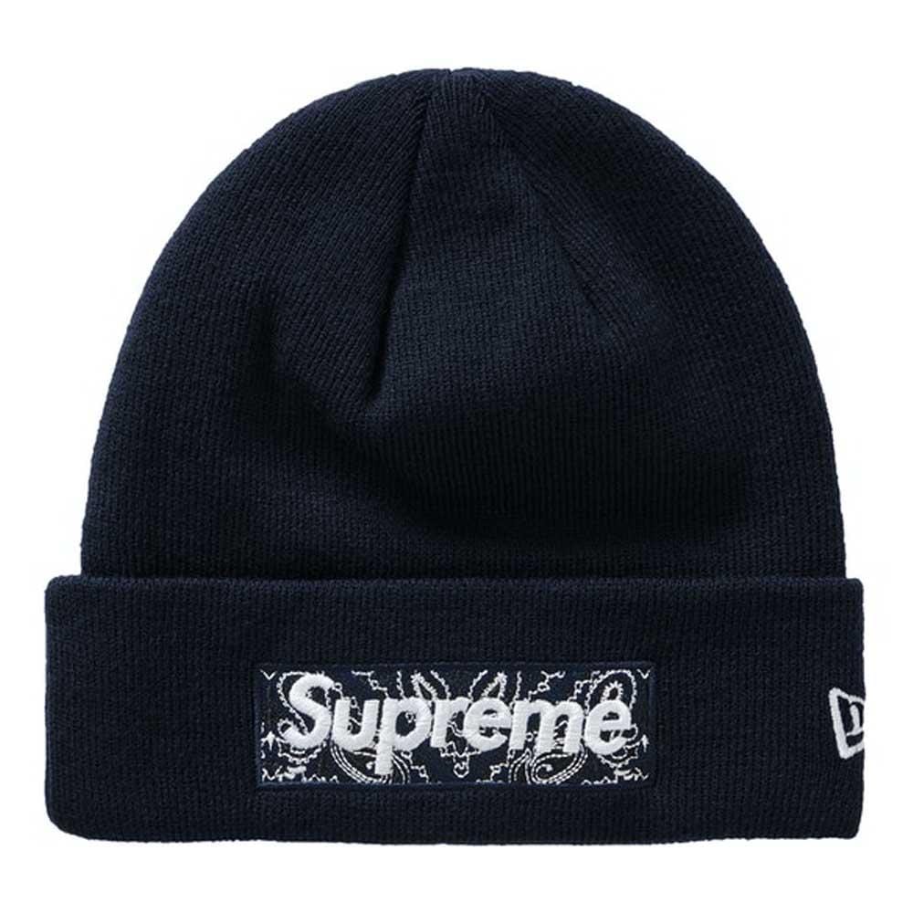 Supreme New Era Box Logo Beanie (FW19) Navy — Front View