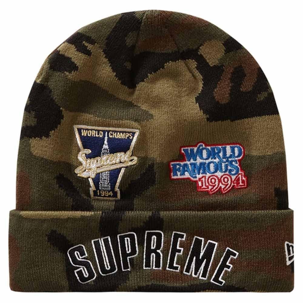 Supreme New Era Championship Beanie Woodland Camo — Front View