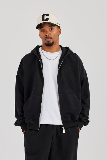 Cernucci Zip Through Boxy Hoodie - Black — S — Front View