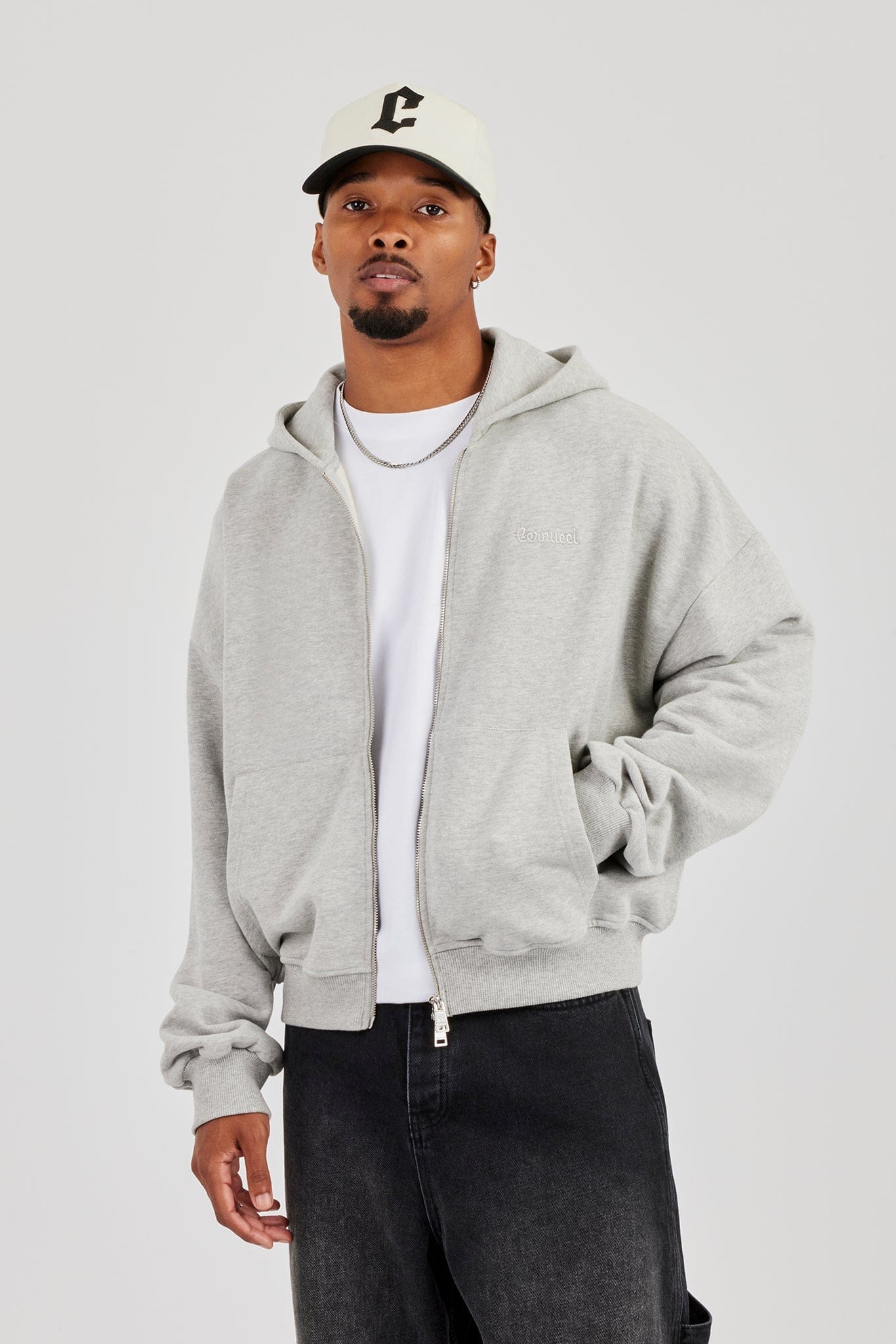 Cernucci Zip Through Boxy Hoodie - Grey Marl — S — Front View