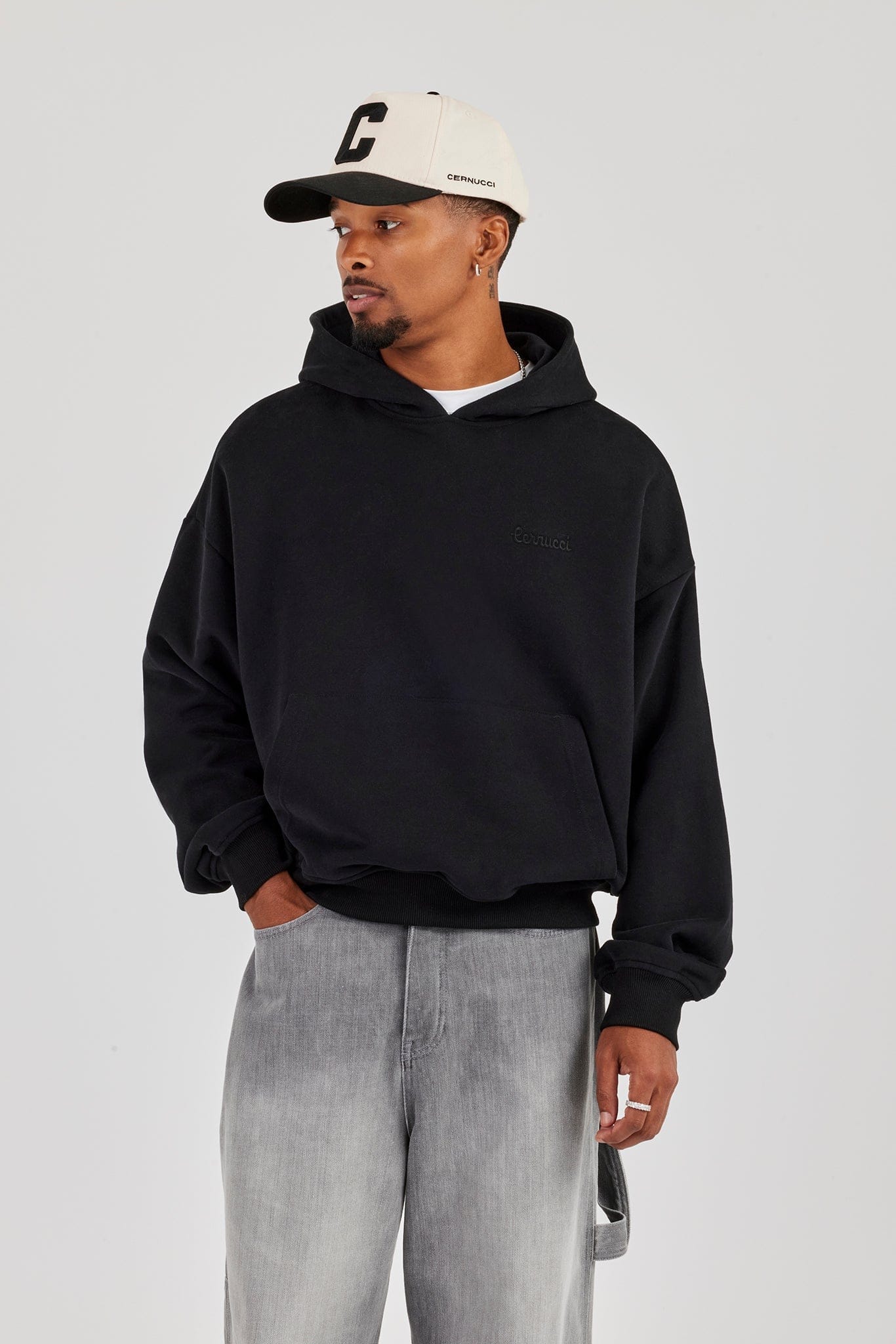 Cernucci Mens Boxy Hoodie - Black — S — Front View