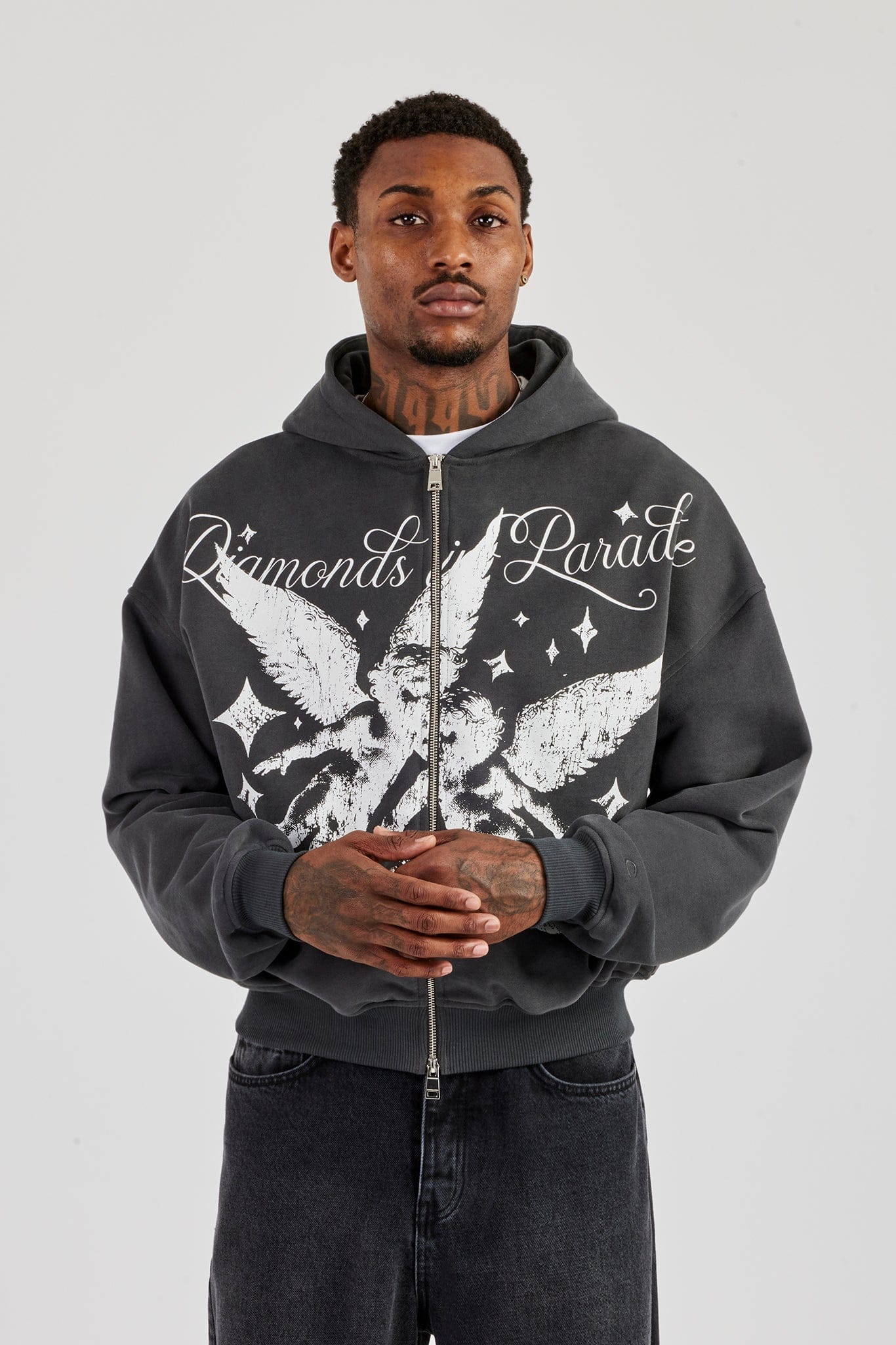 Cernucci Diamonds In Paradise Printed Boxy Zip Hoodie - Charcoal — S — Front View