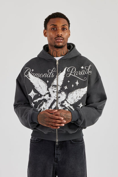 Cernucci Diamonds In Paradise Printed Boxy Zip Hoodie - Charcoal — S — Front View