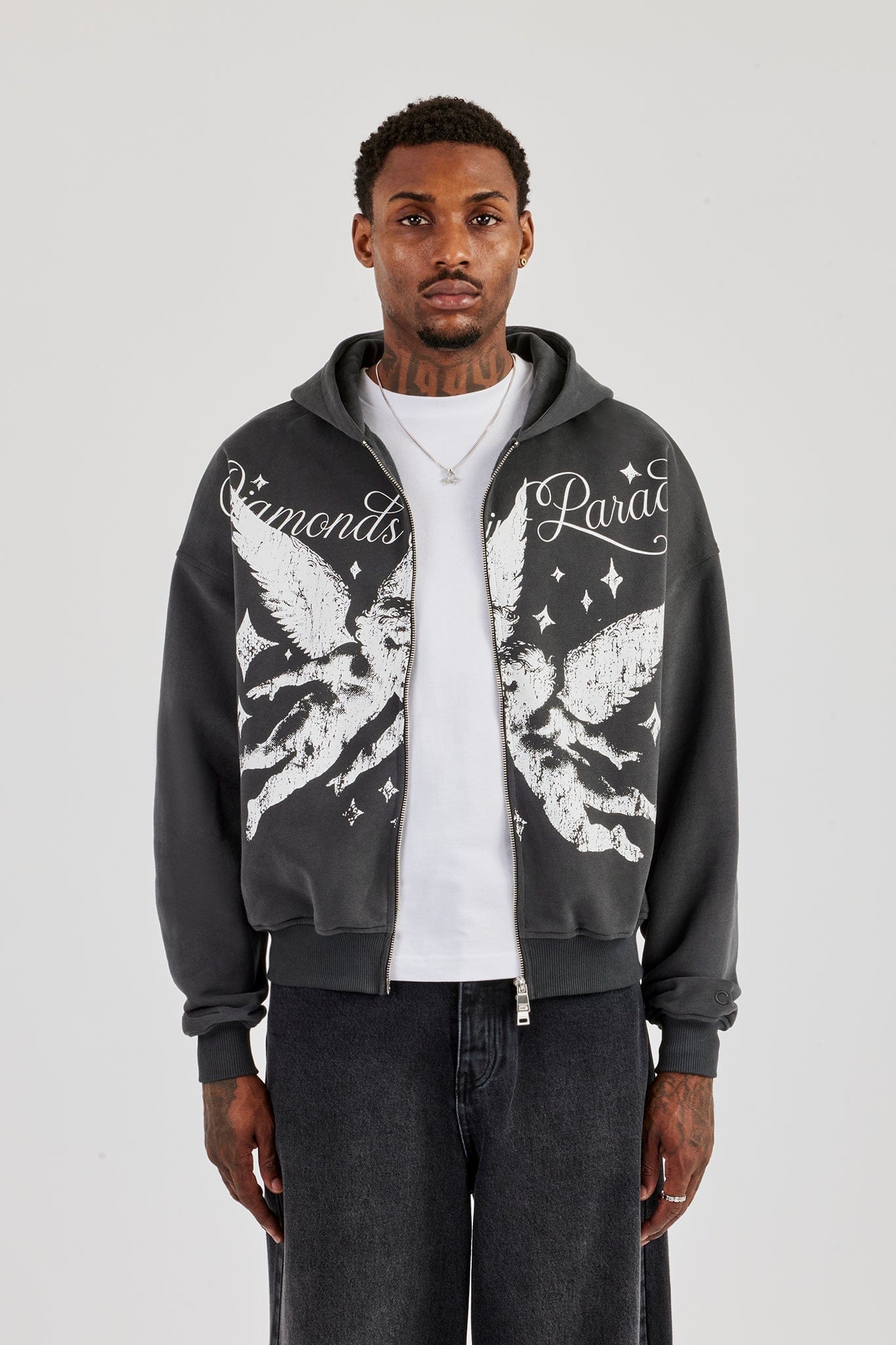 Cernucci Diamonds In Paradise Printed Boxy Zip Hoodie - Charcoal — S — Top View