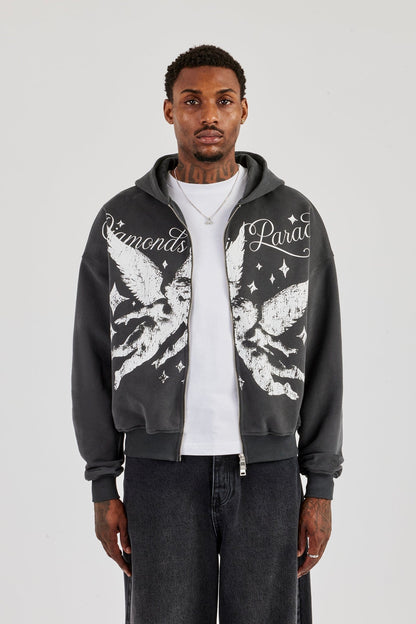 Cernucci Diamonds In Paradise Printed Boxy Zip Hoodie - Charcoal — S — Top View