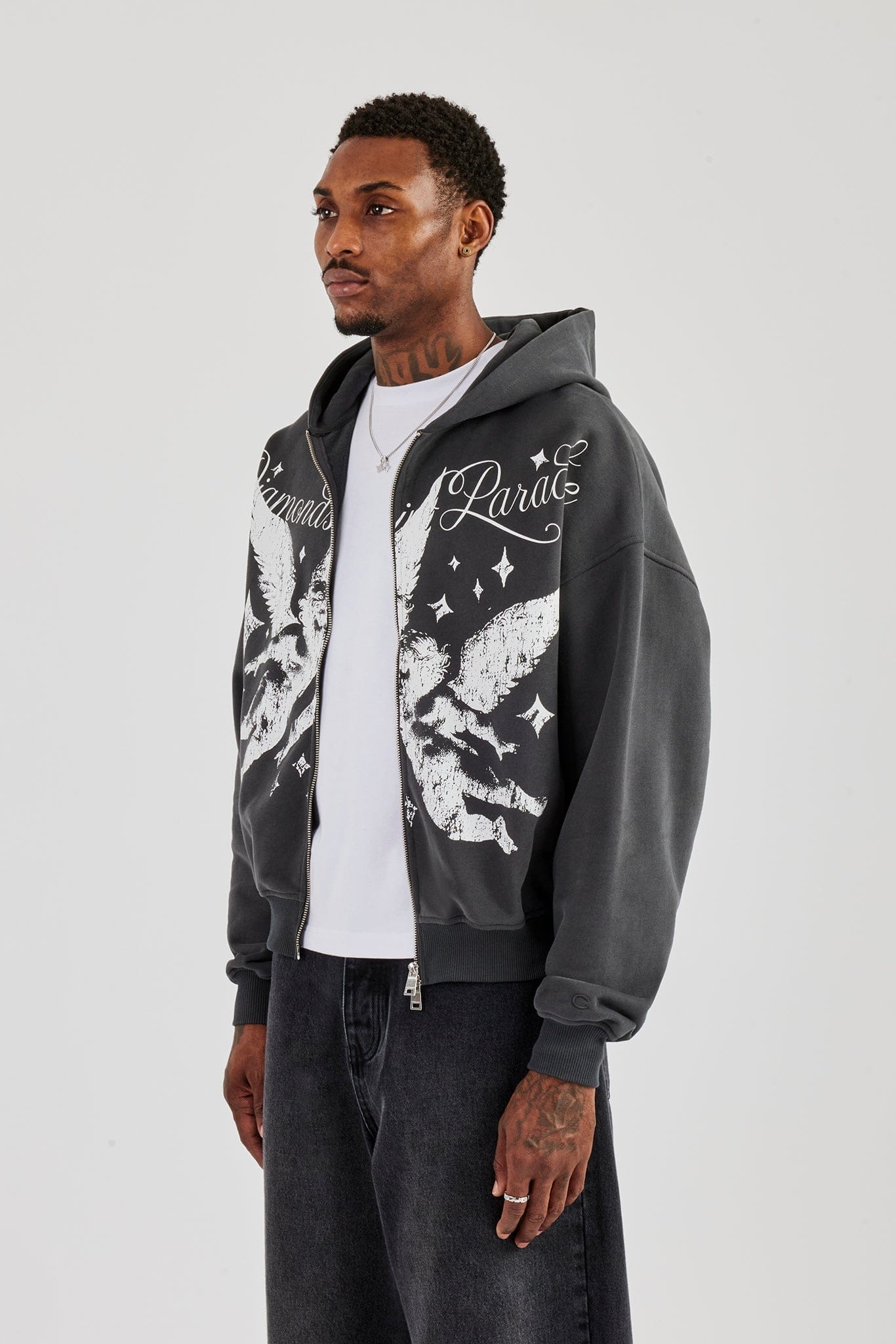 Cernucci Diamonds In Paradise Printed Boxy Zip Hoodie - Charcoal — S — Side View