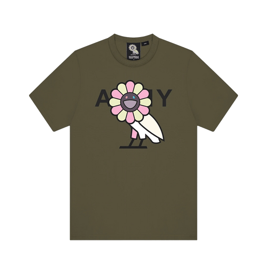 OVO x Takashi Murakami Surplus Flower Owl Tee 'Military Green' — XXS — Front View