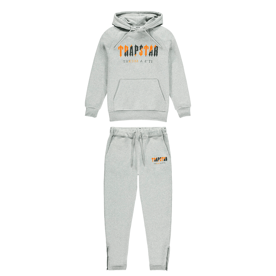 Trapstar Chenille Decoded Hoodie Tracksuit - Grey/Orange — XXS — Front View