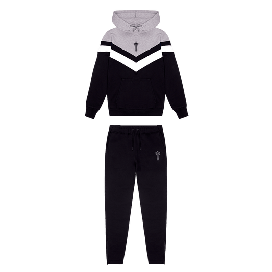 Trapstar V Stripe Hoodie Tracksuit - Black/White/Marl Grey — XXS — Front View