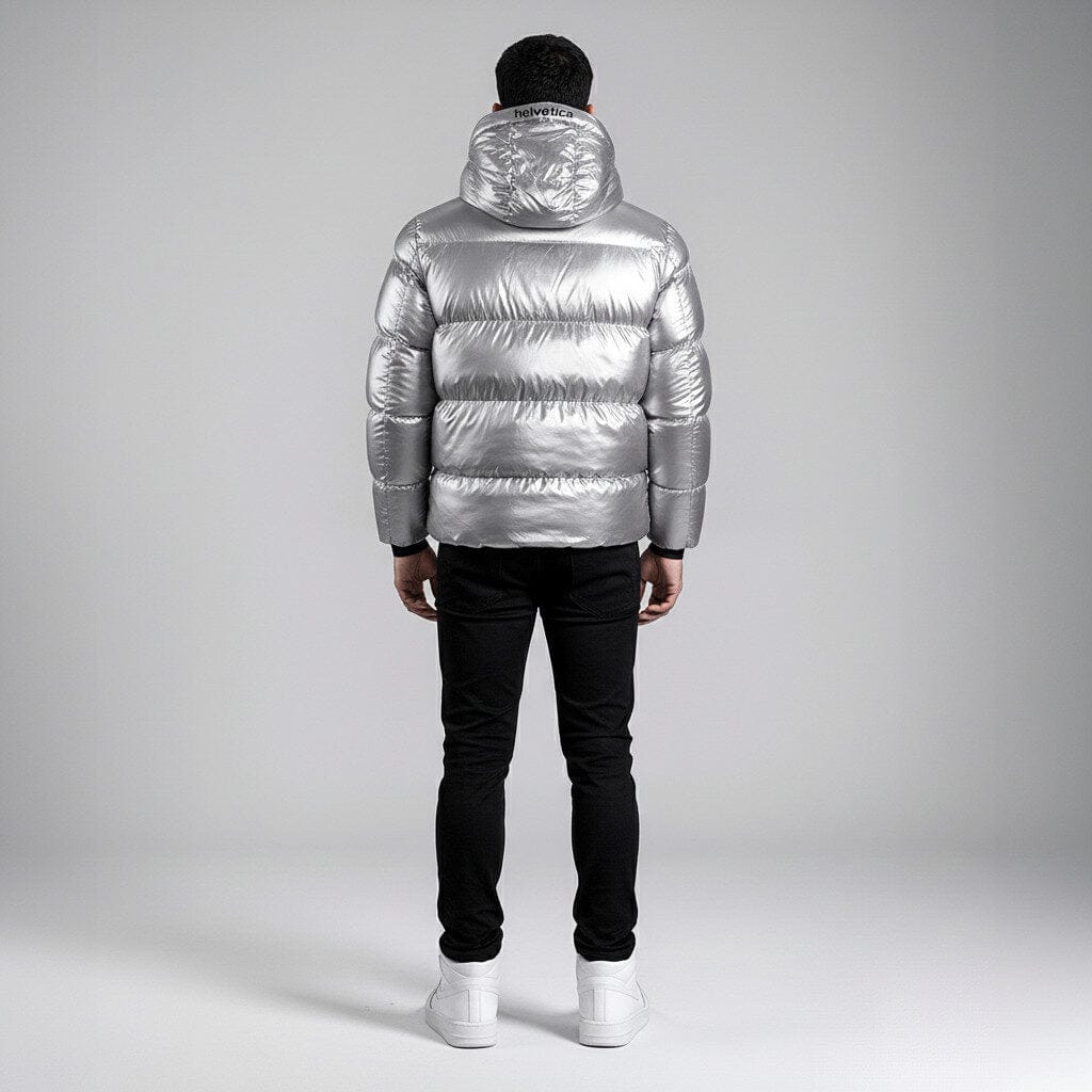 Helvetica Mountain Pioneers Cosmos Hooded Down Jacket - Silver — S — Size Silver — Back View