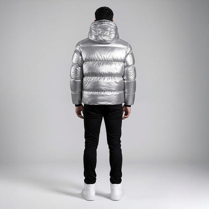 Helvetica Mountain Pioneers Cosmos Hooded Down Jacket - Silver — S — Size Silver — Back View