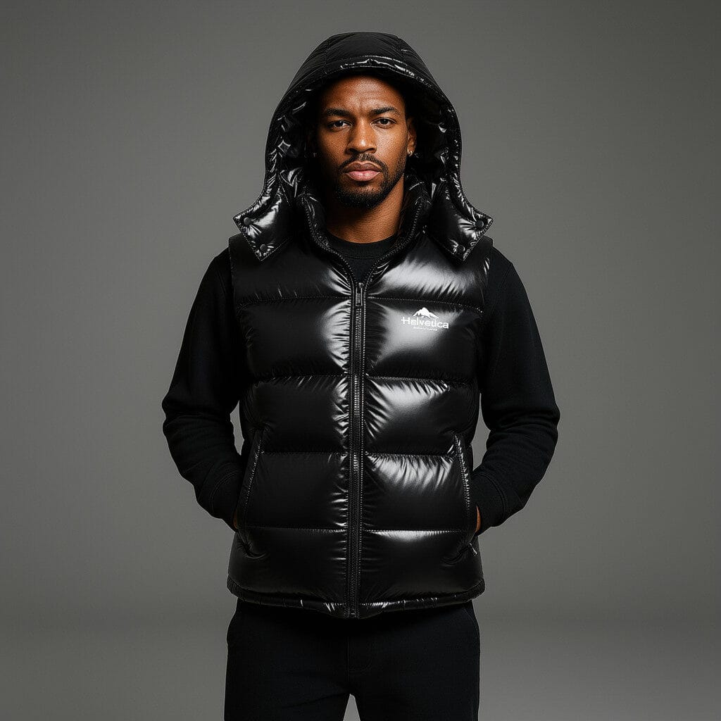 Helvetica Mountain Pioneers Space Sleeveless Hooded Jacket — S — Top View
