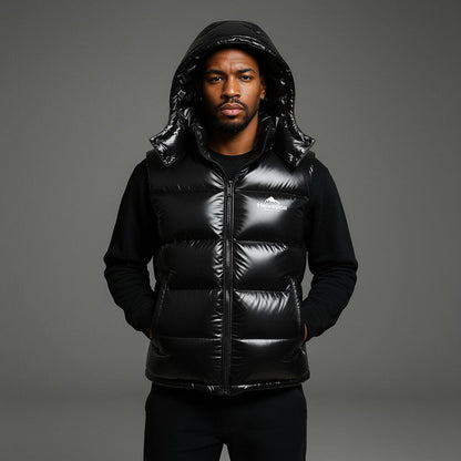 Helvetica Mountain Pioneers Space Sleeveless Hooded Jacket — S — Top View