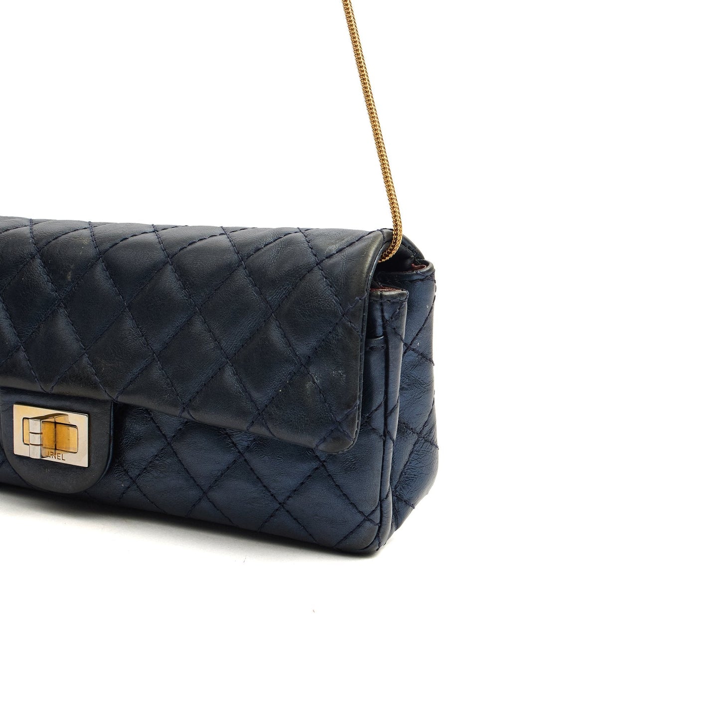 Chanel Shoulder Bag 2.55 Reissue East West Clutch in Blue, Crinkled Calfskin Leather — Lifestyle View