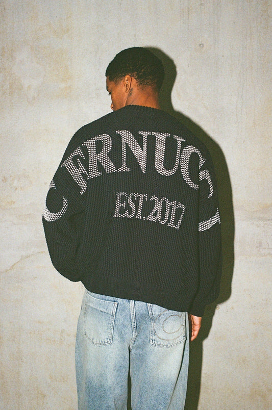 Cernucci Textured Knit Printed Sweatshirt - Navy Blue — S — Side View